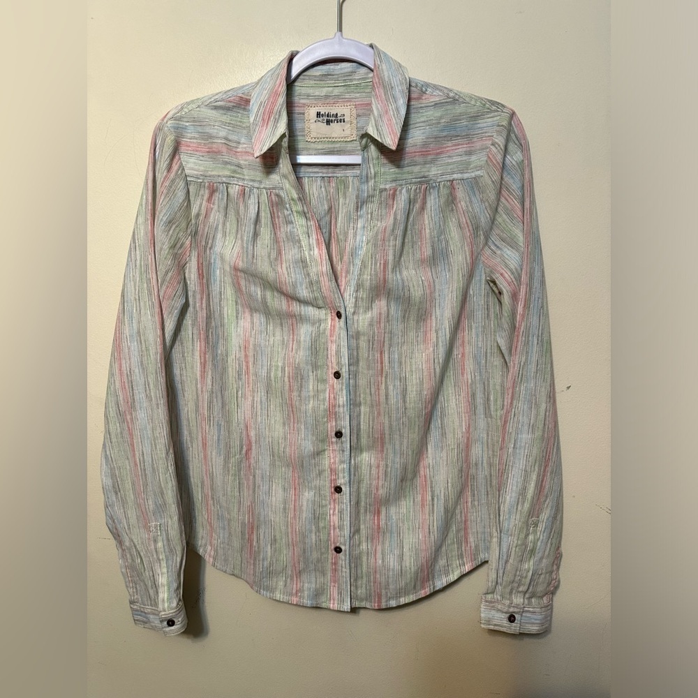 Anthropologie Holding Horses Button Front Top Multicolor Print Long Sleeve Small